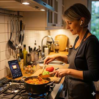 Woman cooking dinner while listening to an audiobook.