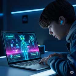 teen hunched over a laptop with an AI game on the screen