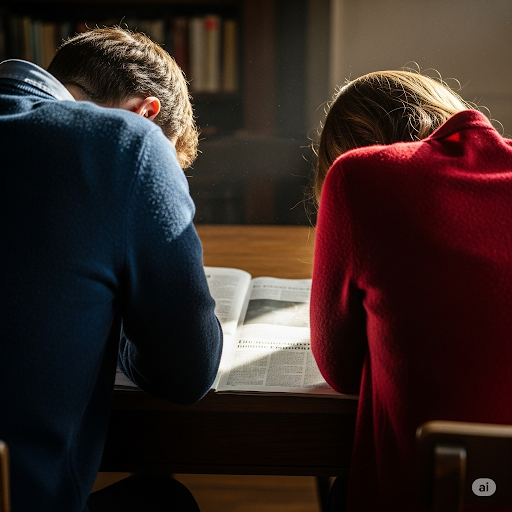 Two people reading a newspaper column