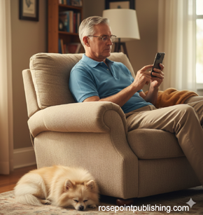 man reading in his easy chair with his dog by the chair