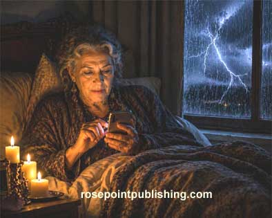 Older woman reading by candlelight on her cell phone