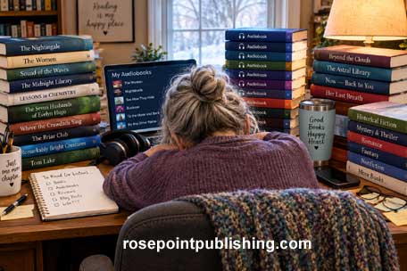 Older woman slumped over her desk.